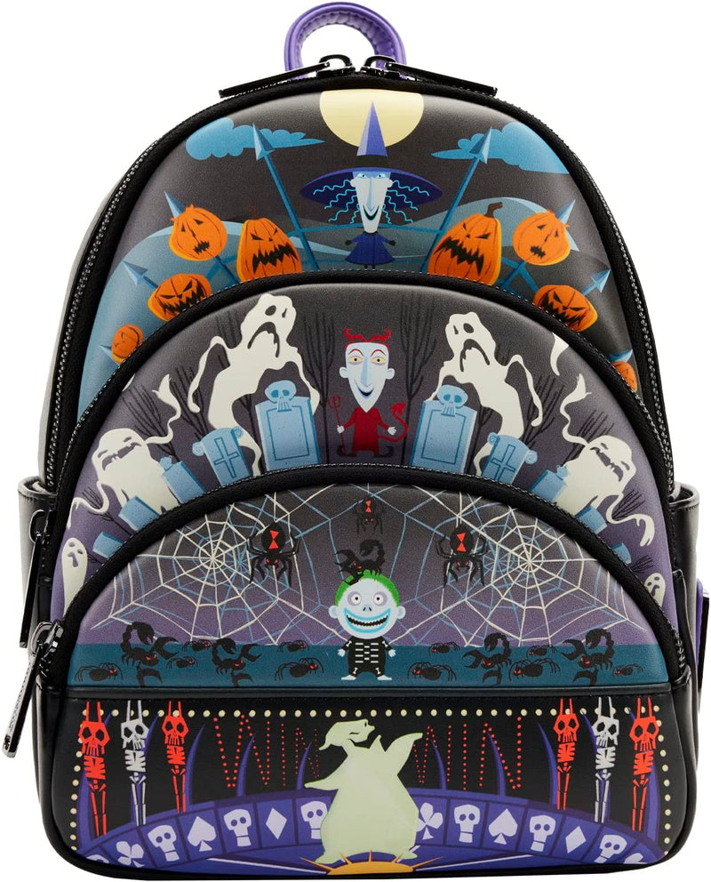 LOUNGEFLY THE NIGHTMARE BEFORE CHRISTMAS: TRIPLE POCKET LOCK SHOCK BARREL OOGIE BOOGIE MINI BACKPACK