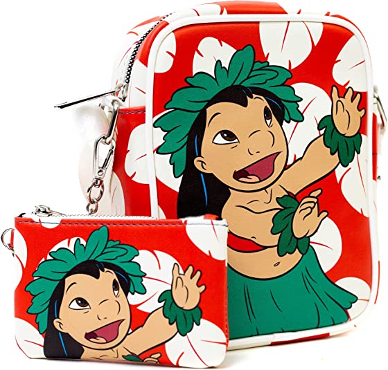 DISNEY BAG AND WALLET COMBO, LILO AND STITCH LILO HULA POSE AND DRESS PRINT RED, VEGAN LEATHER