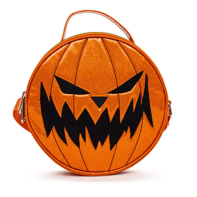 ROUND CROSSBODY BAG - THE NIGHTMARE BEFORE CHRISTMAS PUMPKIN KING FACE AND JACK EXPRESSION ORANGE GLITTER VINYL