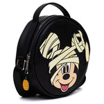 ROUND CROSSBODY BAG - MUMMY MICKEY MOUSE GLOW IN THE DARK SMILING EXPRESSION APPLIQUE BLACK