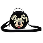 ROUND CROSSBODY BAG - MUMMY MICKEY MOUSE GLOW IN THE DARK SMILING EXPRESSION APPLIQUE BLACK