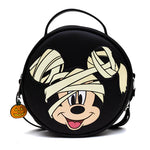 ROUND CROSSBODY BAG - MUMMY MICKEY MOUSE GLOW IN THE DARK SMILING EXPRESSION APPLIQUE BLACK