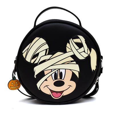 ROUND CROSSBODY BAG - MUMMY MICKEY MOUSE GLOW IN THE DARK SMILING EXPRESSION APPLIQUE BLACK
