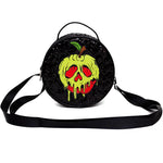 ROUND CROSSBODY BAG - SNOW WHITE POISON APPLE GLOW IN THE DARK APPLIQUE BLACK SEQUIN