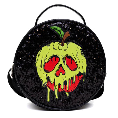 ROUND CROSSBODY BAG - SNOW WHITE POISON APPLE GLOW IN THE DARK APPLIQUE BLACK SEQUIN