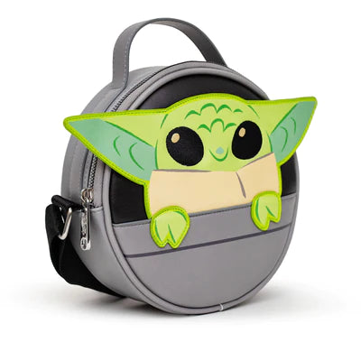 ROUND CROSSBODY BAG - STAR WARS THIS IS THE WAY GROGU SMILING HOVERING PRAM POD APPLIQUE AND EMBROIDERY GRAY