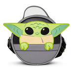 ROUND CROSSBODY BAG - STAR WARS THIS IS THE WAY GROGU SMILING HOVERING PRAM POD APPLIQUE AND EMBROIDERY GRAY