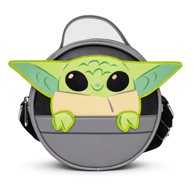 ROUND CROSSBODY BAG - STAR WARS THIS IS THE WAY GROGU SMILING HOVERING PRAM POD APPLIQUE AND EMBROIDERY GRAY