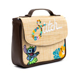 DISNEY BAG, FOLD OVER CROSS BODY, LILO AND STITCH EMBROIDERED STITCH POSES, RAFFIA STRAW