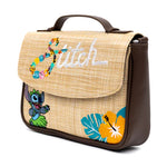 DISNEY BAG, FOLD OVER CROSS BODY, LILO AND STITCH EMBROIDERED STITCH POSES, RAFFIA STRAW