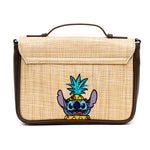 DISNEY BAG, FOLD OVER CROSS BODY, LILO AND STITCH EMBROIDERED STITCH POSES, RAFFIA STRAW