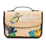 DISNEY BAG, FOLD OVER CROSS BODY, LILO AND STITCH EMBROIDERED STITCH POSES, RAFFIA STRAW