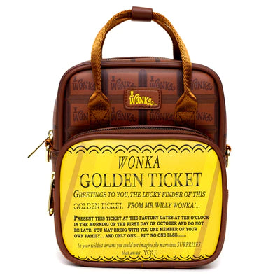 WILLY WONKA GOLDEN TICKET TEXT AND WONKA BAR CROSSBODY BAG w/HANDLES