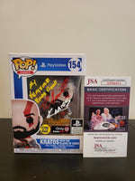 T.C. Carson Tri-Color Signed and Inscribed Gamestop Exclusive Glow in the Dark Kratos with Blades of Chaos Funko Pop