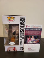 T.C. Carson Tri-Color Signed and Inscribed Gamestop Exclusive Glow in the Dark Kratos with Blades of Chaos Funko Pop